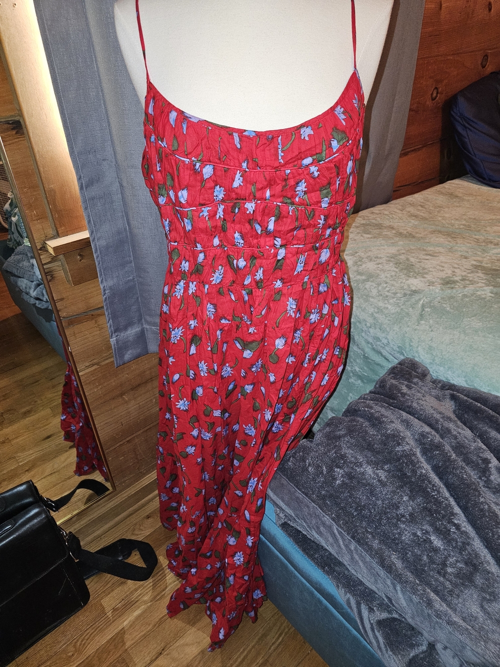 J. Crew Red Floral Maxi Dress with Blue Flowers